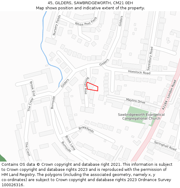 45, GILDERS, SAWBRIDGEWORTH, CM21 0EH: Location map and indicative extent of plot