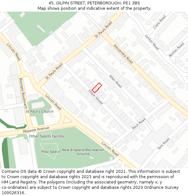 45, GILPIN STREET, PETERBOROUGH, PE1 3BS: Location map and indicative extent of plot