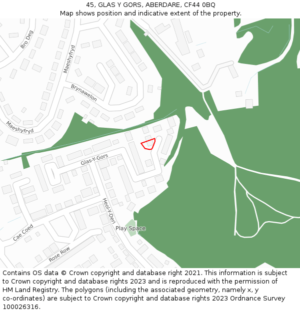 45, GLAS Y GORS, ABERDARE, CF44 0BQ: Location map and indicative extent of plot