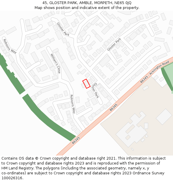 45, GLOSTER PARK, AMBLE, MORPETH, NE65 0JQ: Location map and indicative extent of plot