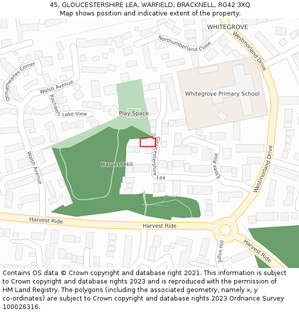 45, GLOUCESTERSHIRE LEA, WARFIELD, BRACKNELL, RG42 3XQ: Location map and indicative extent of plot