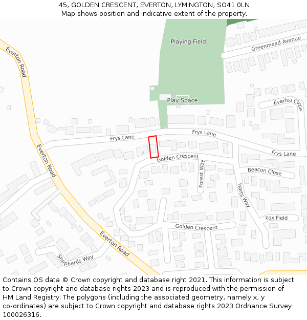 45, GOLDEN CRESCENT, EVERTON, LYMINGTON, SO41 0LN: Location map and indicative extent of plot