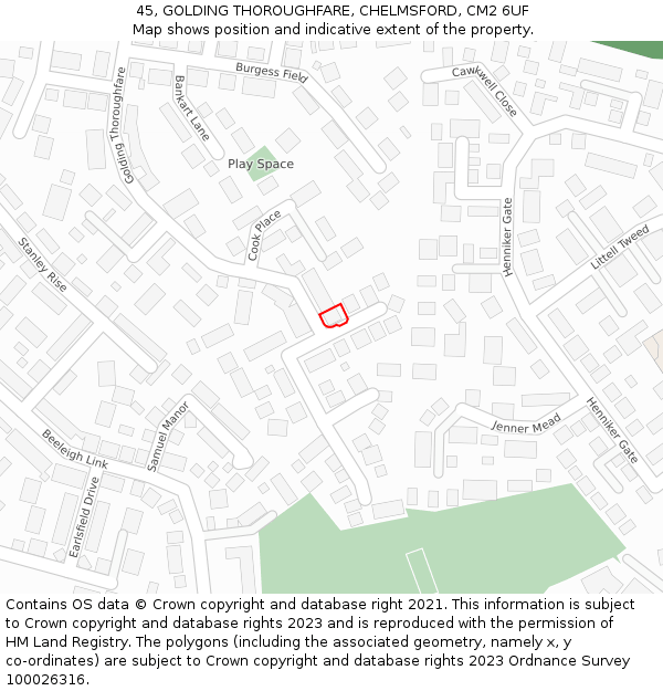 45, GOLDING THOROUGHFARE, CHELMSFORD, CM2 6UF: Location map and indicative extent of plot