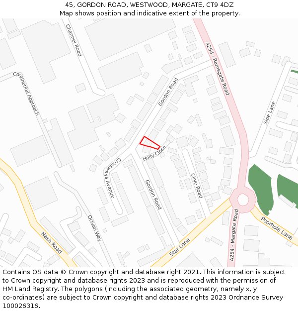 45, GORDON ROAD, WESTWOOD, MARGATE, CT9 4DZ: Location map and indicative extent of plot