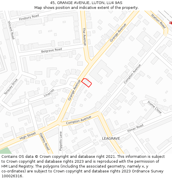 45, GRANGE AVENUE, LUTON, LU4 9AS: Location map and indicative extent of plot