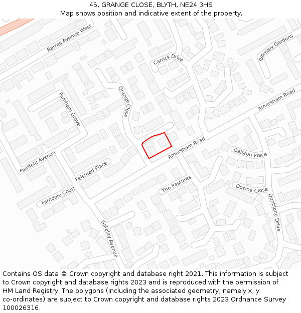 45, GRANGE CLOSE, BLYTH, NE24 3HS: Location map and indicative extent of plot