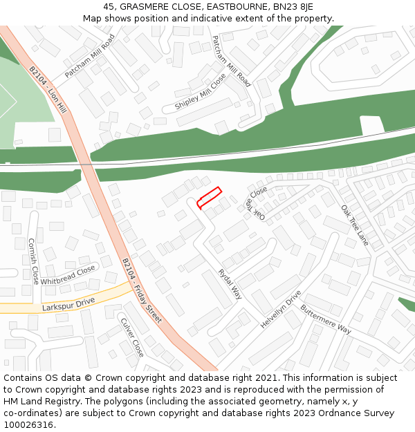 45, GRASMERE CLOSE, EASTBOURNE, BN23 8JE: Location map and indicative extent of plot