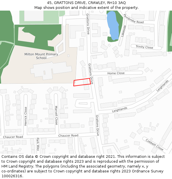 45, GRATTONS DRIVE, CRAWLEY, RH10 3AQ: Location map and indicative extent of plot