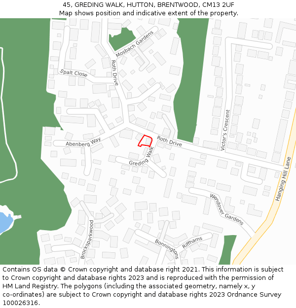 45, GREDING WALK, HUTTON, BRENTWOOD, CM13 2UF: Location map and indicative extent of plot