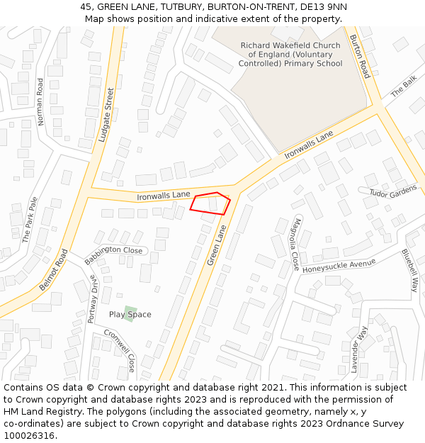 45, GREEN LANE, TUTBURY, BURTON-ON-TRENT, DE13 9NN: Location map and indicative extent of plot