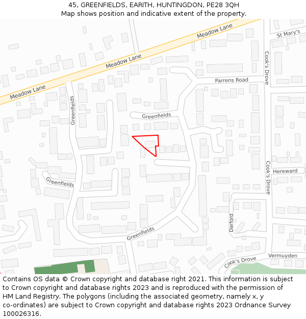 45, GREENFIELDS, EARITH, HUNTINGDON, PE28 3QH: Location map and indicative extent of plot