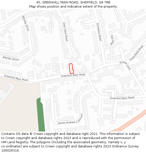 45, GREENHILL MAIN ROAD, SHEFFIELD, S8 7RB: Location map and indicative extent of plot
