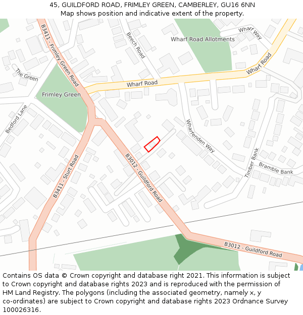 45, GUILDFORD ROAD, FRIMLEY GREEN, CAMBERLEY, GU16 6NN: Location map and indicative extent of plot