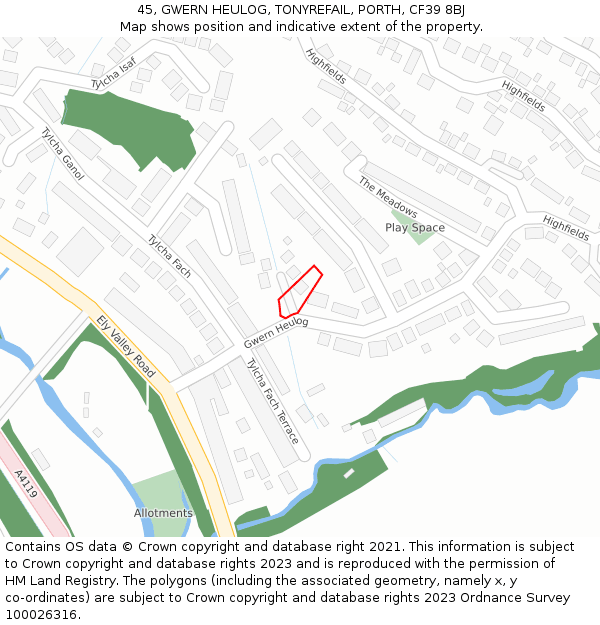 45, GWERN HEULOG, TONYREFAIL, PORTH, CF39 8BJ: Location map and indicative extent of plot