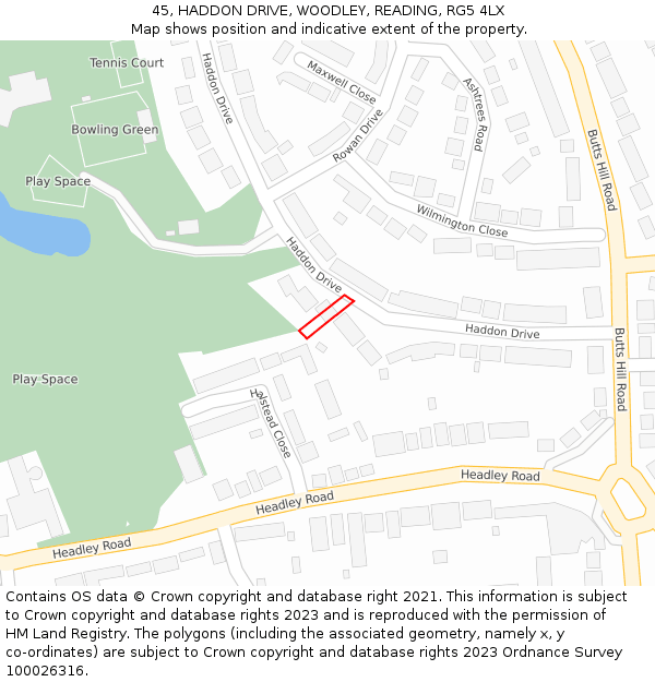 45, HADDON DRIVE, WOODLEY, READING, RG5 4LX: Location map and indicative extent of plot