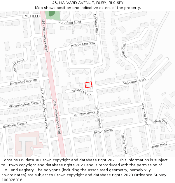 45, HALVARD AVENUE, BURY, BL9 6PY: Location map and indicative extent of plot