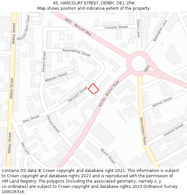 45, HARCOURT STREET, DERBY, DE1 1PW: Location map and indicative extent of plot