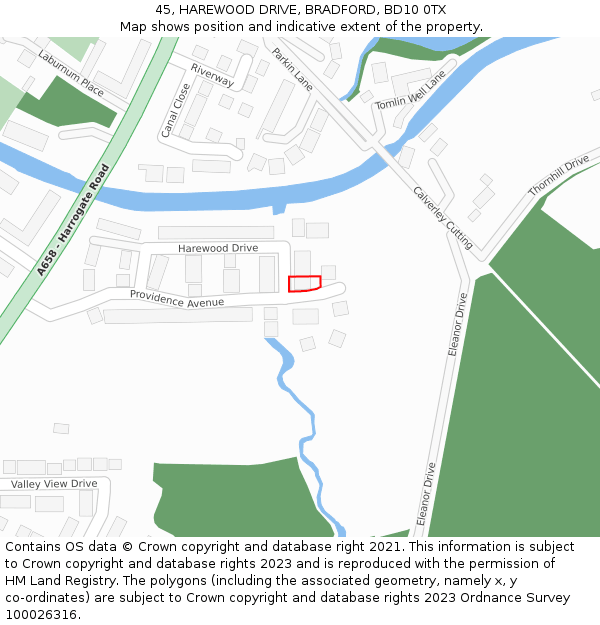 45, HAREWOOD DRIVE, BRADFORD, BD10 0TX: Location map and indicative extent of plot
