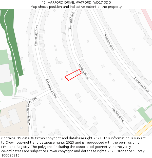 45, HARFORD DRIVE, WATFORD, WD17 3DQ: Location map and indicative extent of plot