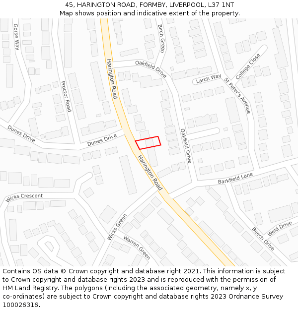 45, HARINGTON ROAD, FORMBY, LIVERPOOL, L37 1NT: Location map and indicative extent of plot