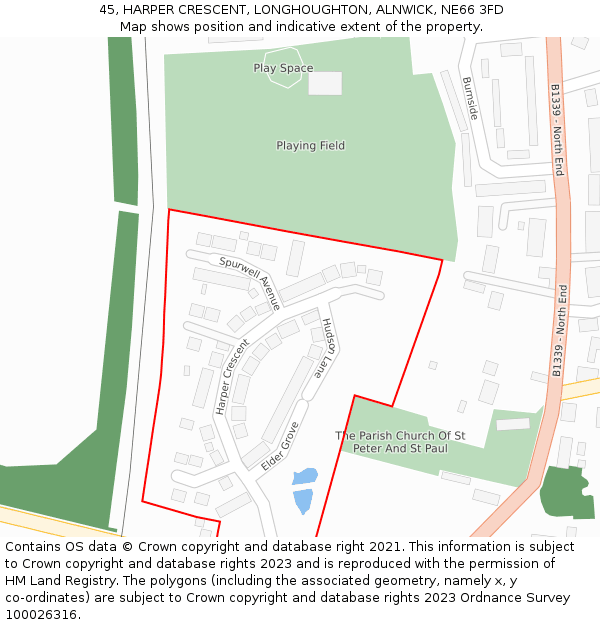 45, HARPER CRESCENT, LONGHOUGHTON, ALNWICK, NE66 3FD: Location map and indicative extent of plot