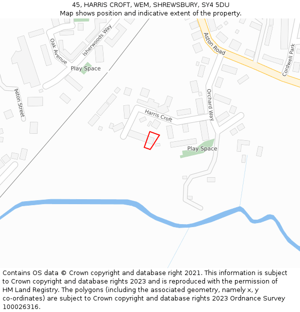 45, HARRIS CROFT, WEM, SHREWSBURY, SY4 5DU: Location map and indicative extent of plot