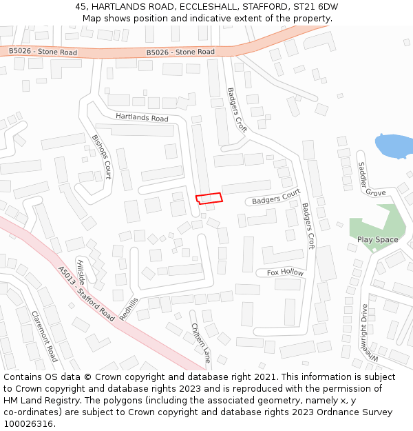 45, HARTLANDS ROAD, ECCLESHALL, STAFFORD, ST21 6DW: Location map and indicative extent of plot