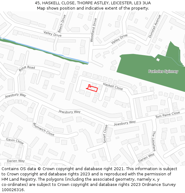 45, HASKELL CLOSE, THORPE ASTLEY, LEICESTER, LE3 3UA: Location map and indicative extent of plot