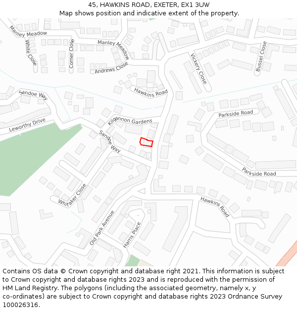 45, HAWKINS ROAD, EXETER, EX1 3UW: Location map and indicative extent of plot