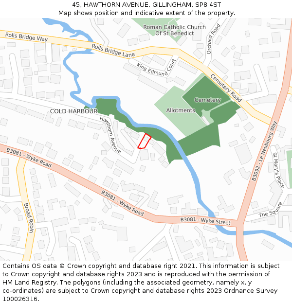 45, HAWTHORN AVENUE, GILLINGHAM, SP8 4ST: Location map and indicative extent of plot