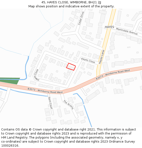 45, HAYES CLOSE, WIMBORNE, BH21 2JJ: Location map and indicative extent of plot