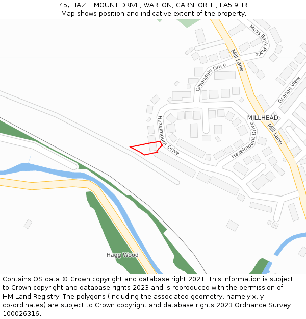 45, HAZELMOUNT DRIVE, WARTON, CARNFORTH, LA5 9HR: Location map and indicative extent of plot