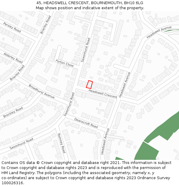 45, HEADSWELL CRESCENT, BOURNEMOUTH, BH10 6LG: Location map and indicative extent of plot