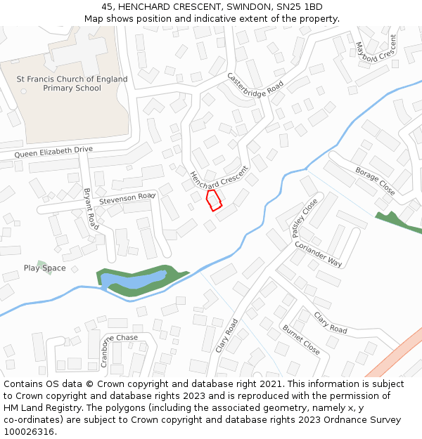 45, HENCHARD CRESCENT, SWINDON, SN25 1BD: Location map and indicative extent of plot