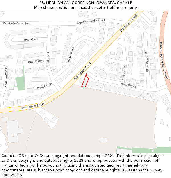 45, HEOL DYLAN, GORSEINON, SWANSEA, SA4 4LR: Location map and indicative extent of plot