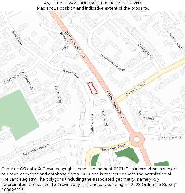 45, HERALD WAY, BURBAGE, HINCKLEY, LE10 2NX: Location map and indicative extent of plot