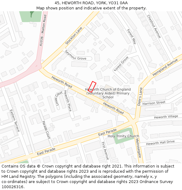 45, HEWORTH ROAD, YORK, YO31 0AA: Location map and indicative extent of plot