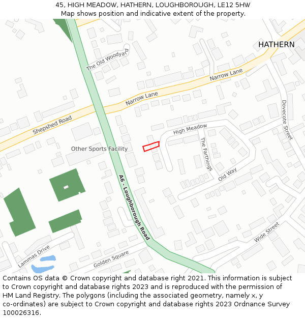 45, HIGH MEADOW, HATHERN, LOUGHBOROUGH, LE12 5HW: Location map and indicative extent of plot