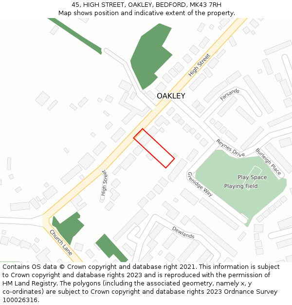 45, HIGH STREET, OAKLEY, BEDFORD, MK43 7RH: Location map and indicative extent of plot