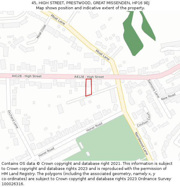 45, HIGH STREET, PRESTWOOD, GREAT MISSENDEN, HP16 9EJ: Location map and indicative extent of plot