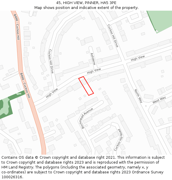 45, HIGH VIEW, PINNER, HA5 3PE: Location map and indicative extent of plot