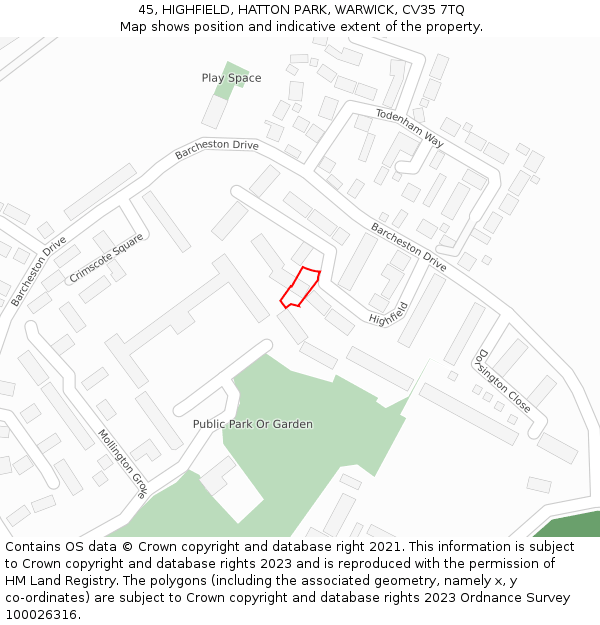 45, HIGHFIELD, HATTON PARK, WARWICK, CV35 7TQ: Location map and indicative extent of plot