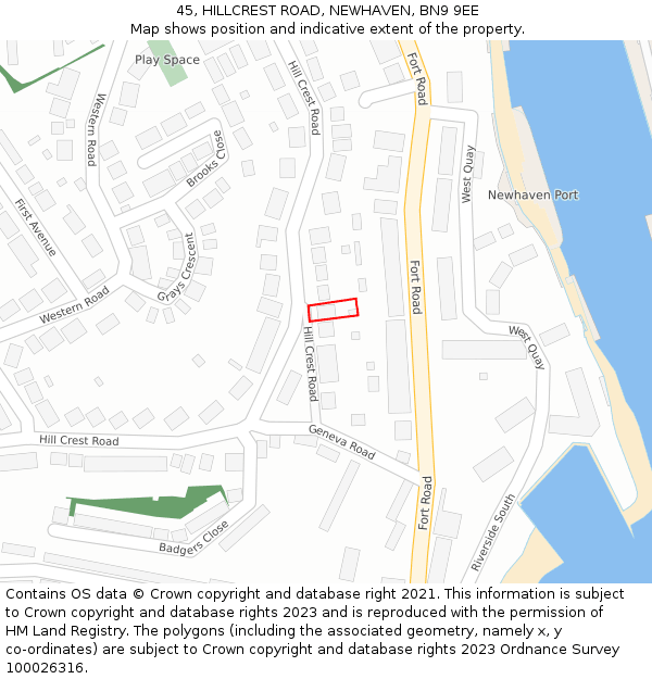 45, HILLCREST ROAD, NEWHAVEN, BN9 9EE: Location map and indicative extent of plot