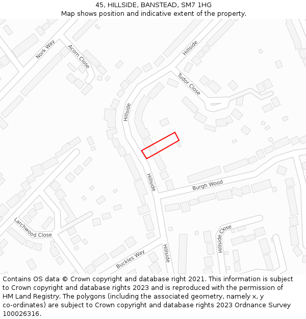 45, HILLSIDE, BANSTEAD, SM7 1HG: Location map and indicative extent of plot