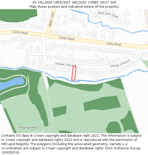 45, HILLSIDE CRESCENT, WELDON, CORBY, NN17 3HF: Location map and indicative extent of plot