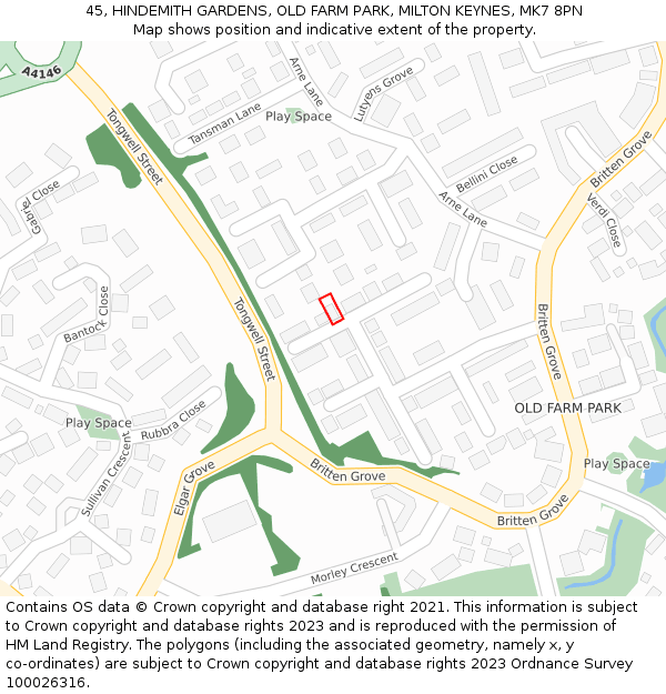 45, HINDEMITH GARDENS, OLD FARM PARK, MILTON KEYNES, MK7 8PN: Location map and indicative extent of plot