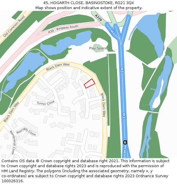 45, HOGARTH CLOSE, BASINGSTOKE, RG21 3QX: Location map and indicative extent of plot