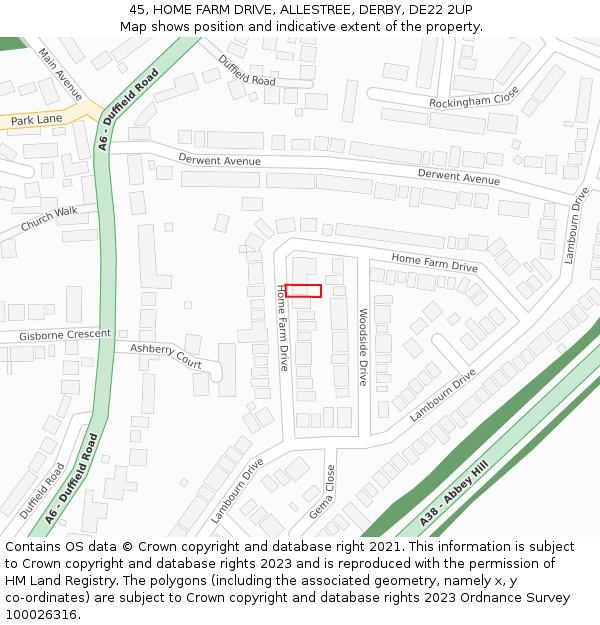 45, HOME FARM DRIVE, ALLESTREE, DERBY, DE22 2UP: Location map and indicative extent of plot