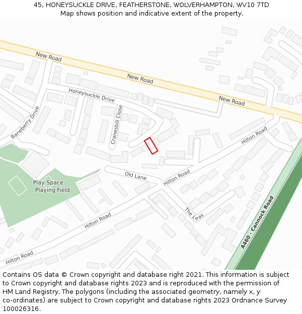 45, HONEYSUCKLE DRIVE, FEATHERSTONE, WOLVERHAMPTON, WV10 7TD: Location map and indicative extent of plot
