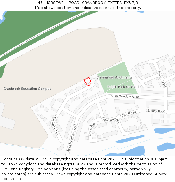 45, HORSEWELL ROAD, CRANBROOK, EXETER, EX5 7JB: Location map and indicative extent of plot